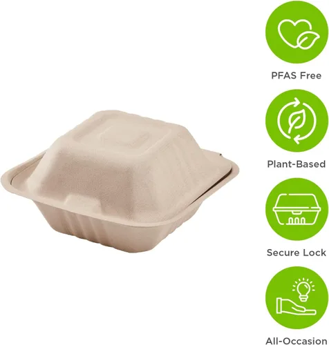 Vista 3 de KARAT EARTH Clamshell - Contenedores Take Out de comida para llevar [8"x8", 200 ct] - Contenedores compostables para llevar, bagazo biodegradable