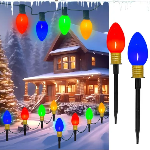 Vista 8 de Luces de camino de Navidad C9, 38 pies de cadena de luces para exteriores con 25 bombillas y estacas de marcador, impermeables, conectables