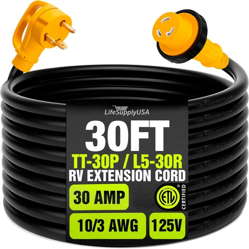 Vista 8 de Cable de extensión RV de 15 pies de 30 amperios (TT-30P/L5-30R) con conector de bloqueo giratorio y mango de fácil agarre, 10/3 AWG 125 voltios