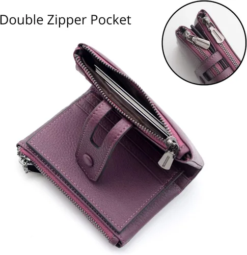 Vista 3 de Bveyzi - Billetera pequeña de cuero suave para mujer con bloqueo RFID, tarjetero para damas con doble bolsillo con cremallera