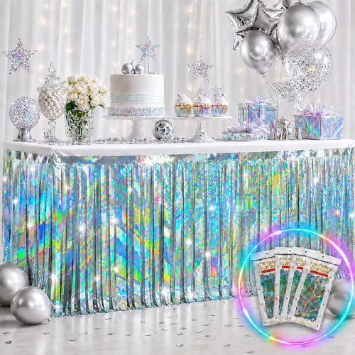 Vista 13 de Faldas de mesa de oropel de papel metálico con flecos para mesas rectangulares, cortinas de serpentina, telón de fondo para cumpleaños, boda