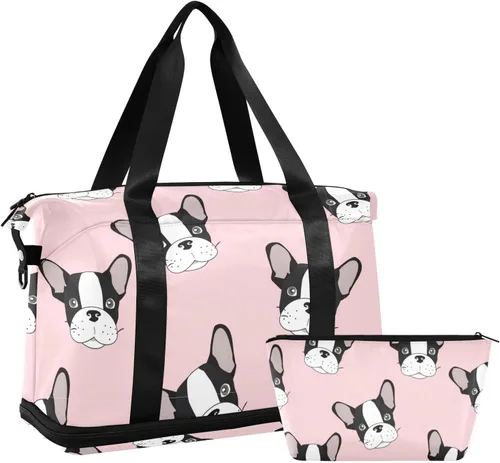 Vista 7 de Bolsa de viaje deportiva de bulldog francés para mujeres y hombres, bolsa de gimnasio con compartimento para zapatos, bolsillo húmedo, bolsas