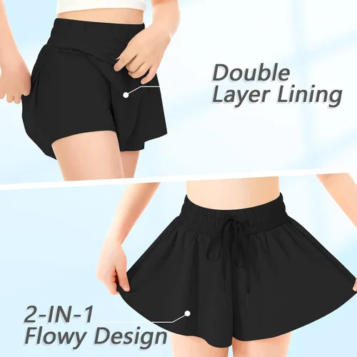 Vista 4 de QooNoo Girls Butterfly Shorts with Pocket Flowy Athletic Shorts High Waist Preppy Running Shorts for Kids Teen