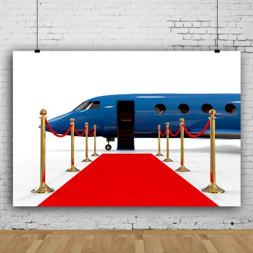 Vista 2 de AOFOTO Telón de fondo de alfombra roja para recogida en el aeropuerto, de 5 x 3 pies, pancarta dorada de lujo, puerta abierta, fondo de avión