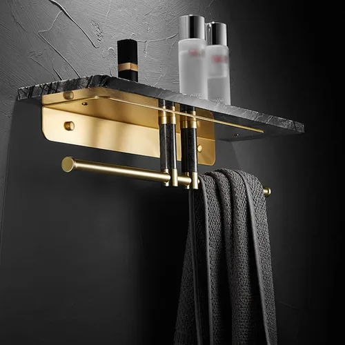 Vista 4 de WOLWES Estante de ducha para baño, estantes flotantes, estante de mármol natural nórdico, toallero, espejo de baño, soporte de baño, soporte