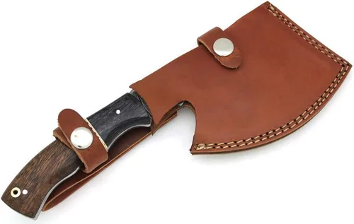 Vista 6 de Damascus Steel Collection Hacha de mango de madera de dos tonos con funda de cuero al aire libre caza camping hacha