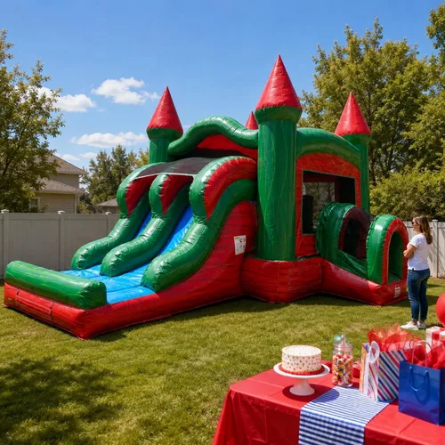 Vista 10 de Casa inflable comercial con tobogán, mármol verde