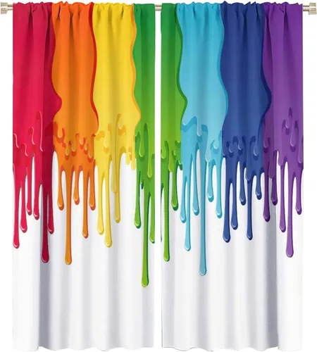 Vista 43 de Cortinas opacas abstractas de arco iris, pintura de color arcoíris con gotas, diseño gráfico creativo con bolsillo para barra, para sala de estar