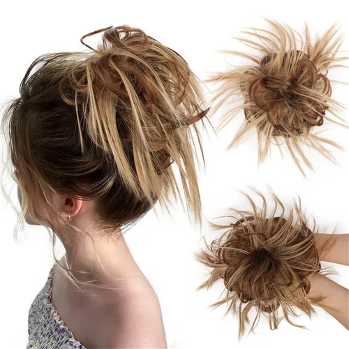 Vista 32 de HMD - Extensiones de cabello tipo chongo alborotado con rodelo despeinado, banda elástica de goma, extensiones de cabello sintético para mujer