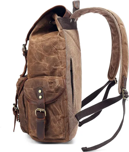 Vista 6 de HuaChen Mochila vintage de lona encerada con solapa de cuero genuino, mochila de viaje y trabajo, mochila resistente al agua con bolsillo antirrobo
