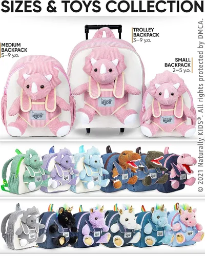 Vista 7 de Naturally KIDS Mochila para niños y niñas con animales de peluche, regalos para niños de 3, 4, 5, 6, 7 años, 04 Small Pink Triceratops, Viajar
