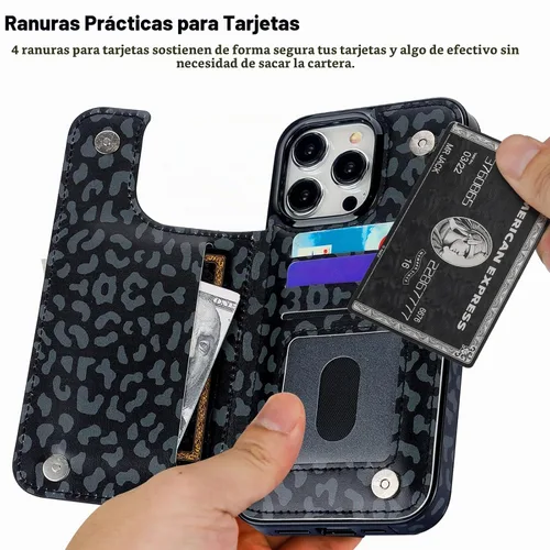 Vista 3 de HAOPINSH Funda tipo cartera para iPhone 15 Pro Max con tarjetero, diseño de leopardo negro y guepardo con tapa trasera, de piel sintética