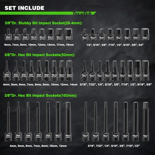 Vista 4 de TecoTek Juego de 84 piezas de 3/8 pulgadas Drive Master Hex Bit Impact Socket Set, Impact Allen Bit Socket Set, Star Bits, Stubby Bits, estrella a