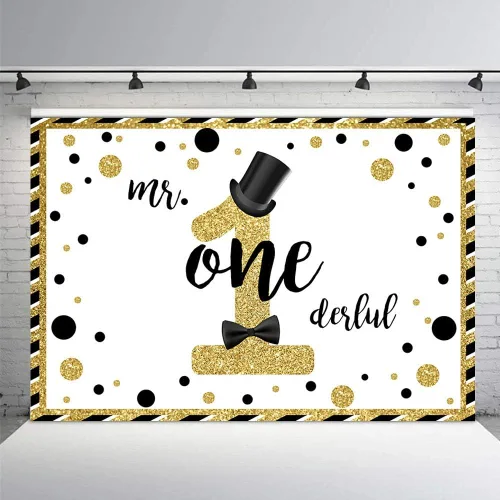 Vista 3 de MEHOFOND Mr Onederful - Fondo de cabina de estudio fotográfico negro y dorado con purpurina dorada, sombrero negro, pajarita para decoración