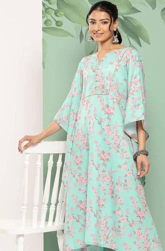 Vista 4 de Janasya Kaftan indio con estampado digital de crepé verde mar con pantalones para mujer