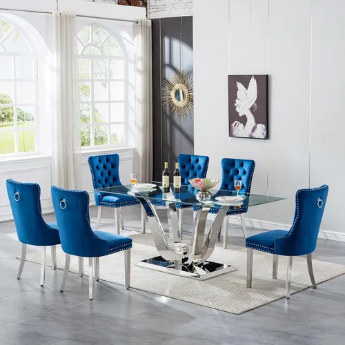 Vista 45 de Moderno juego de mesa de comedor de cristal de 5 piezas para 4, 70 pulgadas rectangular con 4 sillas copetudas de terciopelo beige, juego de mesa