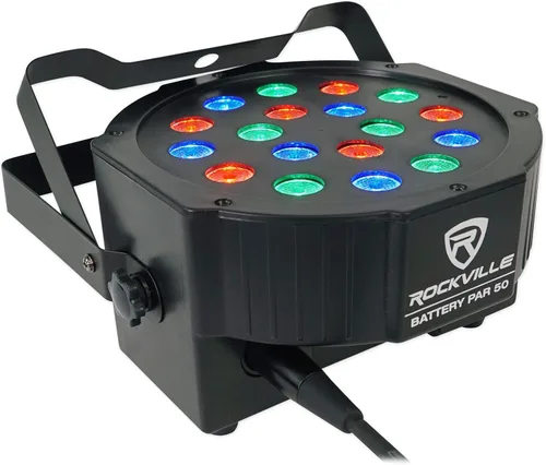 Vista 2 de Rockville Batería PAR 50 18W LED DMX Wash Up-Light, batería recargable, control remoto, mezcla de colores RGB, activada por sonido, para DJs