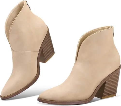 Vista 3 de mysoft Women's V Cut Out Ankle Boots Slip On Pointed Toe Chunky Stacked Heel Booties