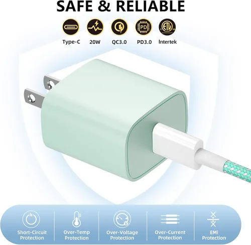 Vista 5 de Cargador de teléfono de carga rápida, paquete de 4 bloques de cargador de pared USB C de 20 W con cable Cable de carga tipo C de 6 pies compatible