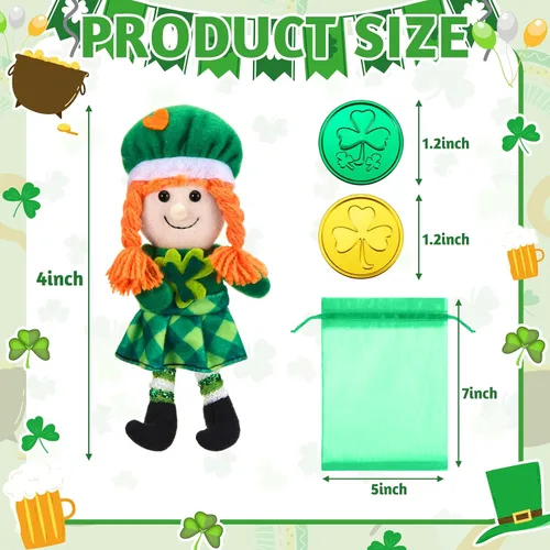 Vista 2 de Shappy 1 juego de duende de peluche para niño y niña, juguete de peluche del día de San Patricio con monedas de trébol y letra de caza del tesoro