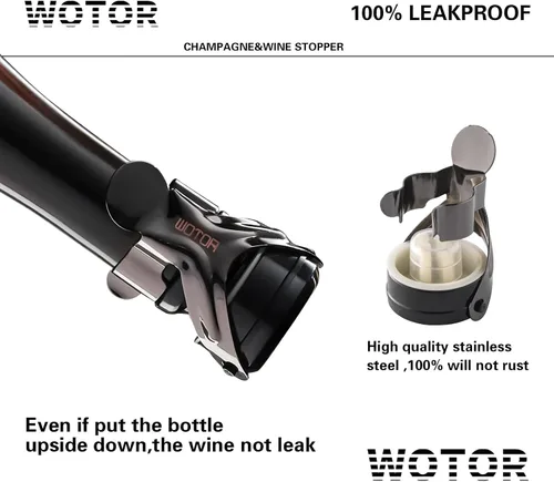 Vista 2 de WOTOR Tapones para botella de vino y champán de acero inoxidable con silicona de grado alimenticio, a prueba de fugas, se mantienen frescos