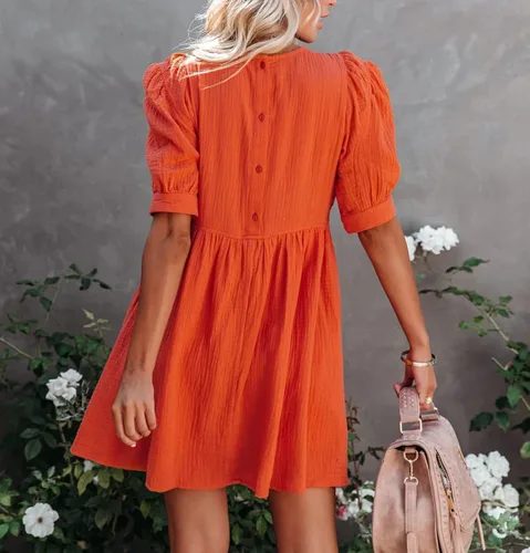 Vista 2 de R.Vivimos Vestido de verano para mujer, de algodón, mangas abombadas, estilo bohemio, casual, holgado, con bolsillos