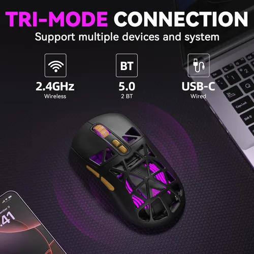 Vista 3 de SOLAKAKA SM802 - Ratón inalámbrico para juegos, 24,000 DPI máximo, trimodo 2.4 GHz/BT/mouse recargable USB con RGB, botones macro programables