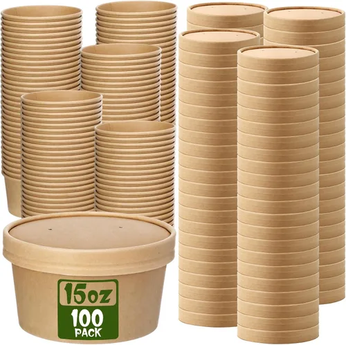 Vista 10 de Fulmoon Paquete de 100 recipientes de papel para sopa con tapas, recipientes de papel desechables para alimentos con tapa ventilada, tazas de postre