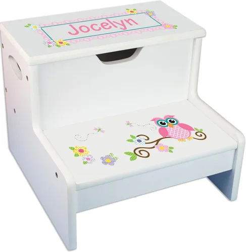 Vista 12 de Taburete para niños con guirnalda floral rosa y gris con almacenamiento (guirnalda de mariposas brillantes)