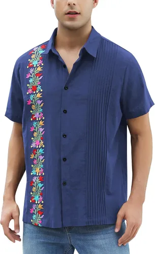 Vista 10 de Camisas mexicanas para hombre, camisa de manga corta bordada con botones y cuello de guayabera tradicional Alebriges Negro