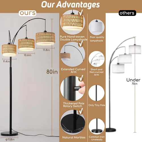 Vista 3 de Lámpara de pie de ratán para sala de estar, lámpara de pie boho de 80 pulgadas de altura con interruptor giratorio, lámpara de arco de 3 luces