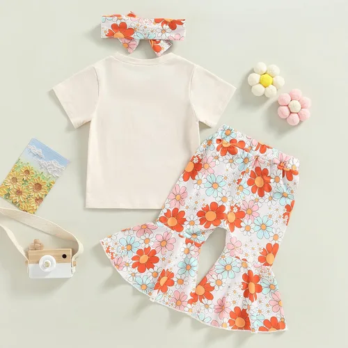 Vista 7 de Muasaaluxi Trajes a juego para hermana mayor y hermana pequeña de manga corta y camisas, pantalones de campana de flores, diadema, ropa bohemia