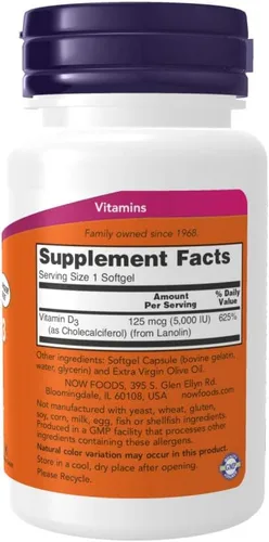 Vista 2 de Complejo vitamínico Now Foods, Vitamina D3 5000 UI, 240 cápsulas blandas, 2