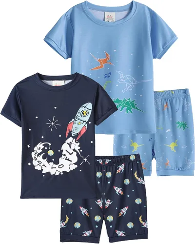 Vista 9 de MyFav - Pijamas para niños grandes de 2 piezas, pantalones cortos, lindos dibujos animados, ropa de dormir 4 piezas Alien