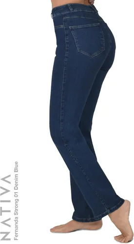 Vista 5 de Nativa Pantalones de mezclilla de tiro alto para mujer, tela de mezclilla de piel de durazno, pierna recta, ajuste elástico Fernanda, fuerte, ultra