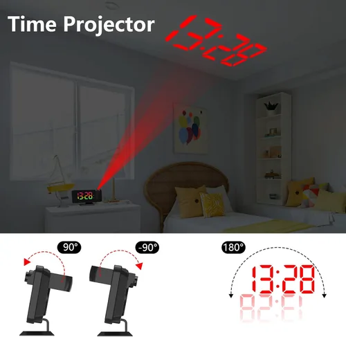 Vista 2 de Reloj despertador de proyección para techo de dormitorio, proyector giratorio de 180°, espejo RGB de 7.4 pulgadas, pantalla digital LED, alarma dual