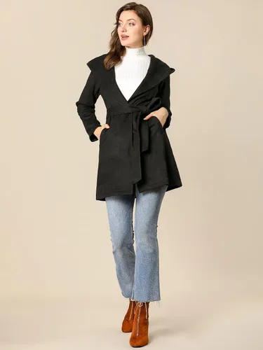Vista 4 de Allegra K Abrigo cruzado de invierno de manga larga con capucha de gamuza sintética para mujer, Coffee, M