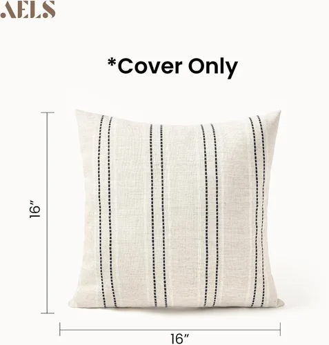 Vista 2 de AELS Fundas de Almohada Decorativas de Lino Estilo Granja de 16x16, Funda de Almohada con Textura Boho, Juego de 2, Beige con Rayas de Hilo Teñido