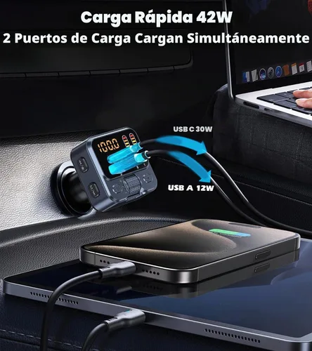 Vista 2 de Adaptador de coche Bluetooth 5.3 con transmisor FM 42W PD carga rápida Bluetooth AUX USB Music Receiver HandsFree Calls, Beat Sync LED Lights for
