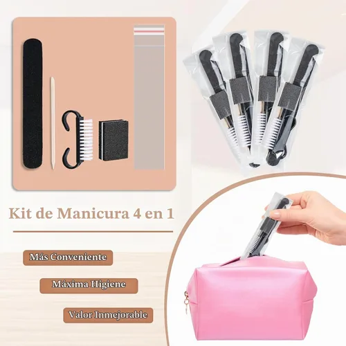 Vista 2 de 20 juegos de kit de manicura desechable básico de 4 piezas para viajes, cepillo de agarre, mini pulidor de uñas, lima de uñas y palo de madera