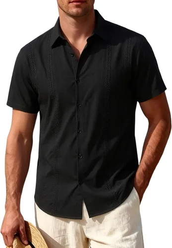 Vista 10 de JEMITOP Camisa de guayabera cubana para hombre, casual, con botones, manga corta, para verano, crucero, playa, vacaciones