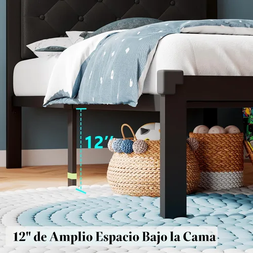 Vista 5 de iPormis Marco de cama de metal tamaño individual, marco de cama de plataforma de piel sintética con cabecero copetudo con botones, espacio debajo