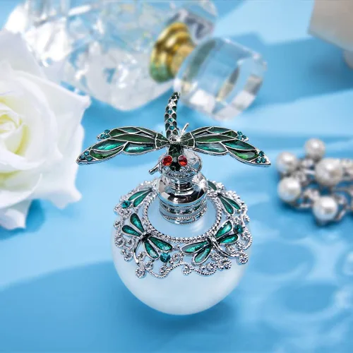 Vista 5 de YU FENG - Botella de perfume de cristal vacía de 40 ml con tapón de libélula verde, adornada con strass, rellenable, botella de vidrio