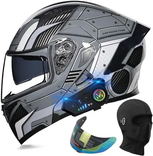 Vista 19 de Casco de motocicleta modular con Bluetooth, aprobado por DOT, casco de cara completa abatible, con visera doble, altavoces duales y micrófono