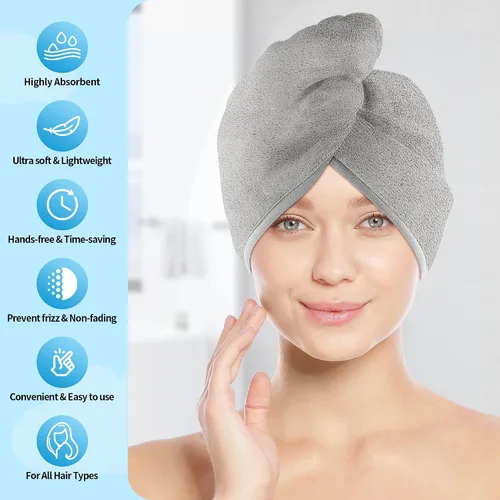 Vista 2 de Toalla para el cabello, paquete de 5 envolturas para el cabello de secado rápido, altamente absorbentes, ajustables, suaves, turbante
