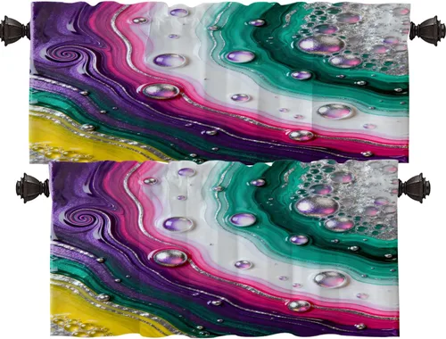 Vista 18 de Shrahala Blue Bright Blackout Curtain Tiers, Colorful Acrylic Paint Pour Abstract Design Kitchen Valance Light Blocking Tier Drapes with Rod Pocket