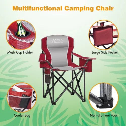 Vista 4 de 2 sillas plegables para camping, portátil, para exteriores, resistentes, acolchadas, silla de césped con soporte para tazas, bolsillo de Rojo-algodón