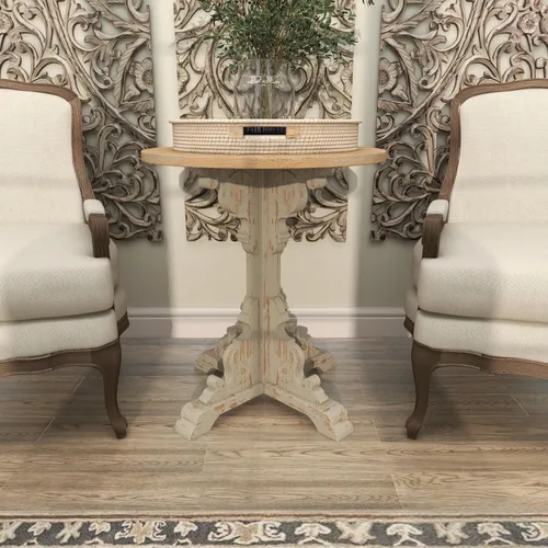 Vista 8 de Deco 79 - Mesa auxiliar de madera con desplazamiento lateral, mesa auxiliar tallada envejecida con parte superior de madera marrón, mesa auxiliar