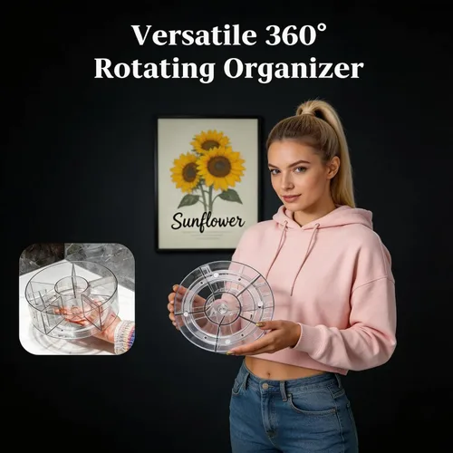 Vista 4 de Organizador de maquillaje acrílico giratorio de 360°, soporte para brochas de maquillaje transparente y soporte para bolígrafos, organizador