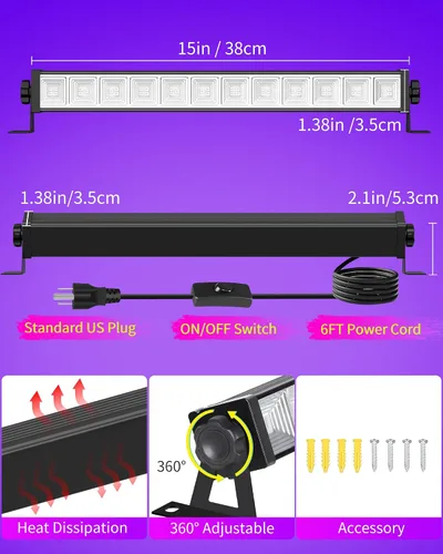 Vista 6 de Barra de luz negra de 45 W con cable de 6 pies + interruptor, cada una ilumina un área de 25x25 pies, luz de inundación LED de luz negra para neón